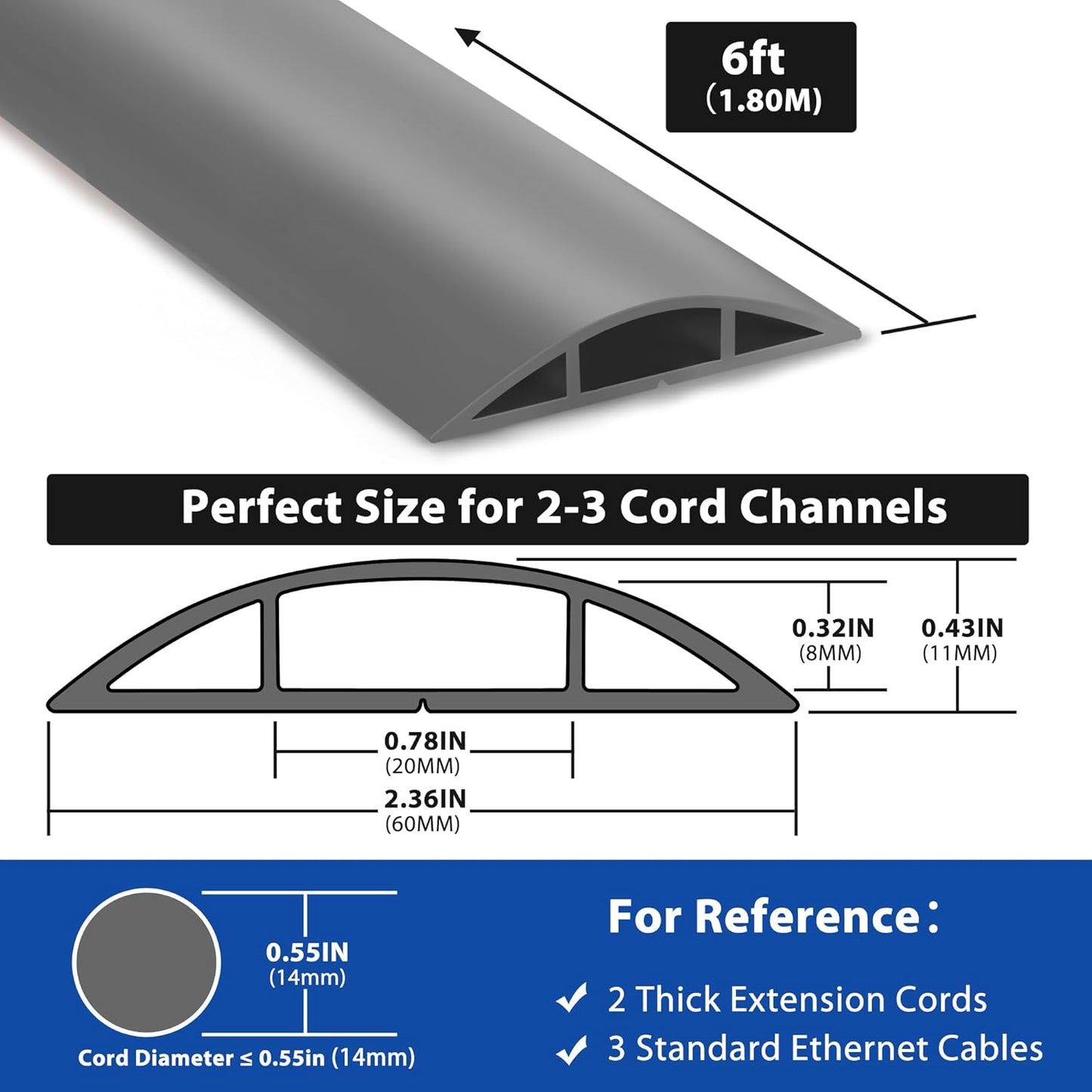 6ft Cord Covers - Grey Floor Cable Management, Hide Cord Cover, Electrical Cable Hider - Cavity: 0.78" W x 0.32" H
