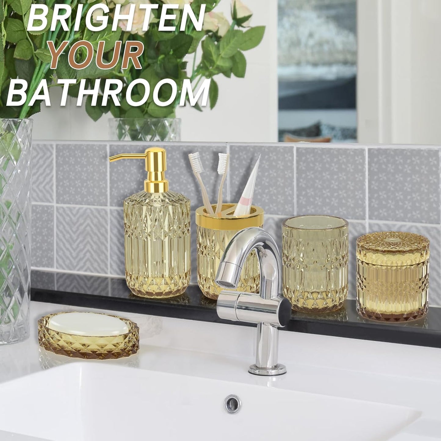 Brown Bathroom Accessory Set 5PCS - Amber Glass Bathroom Accessories with Toothbrush Holder Set, Soap Dispenser, Soap Dish, Tumbler, Cotton Swab Jars, Vintage Bathroom Decor Set Housewarming Gift