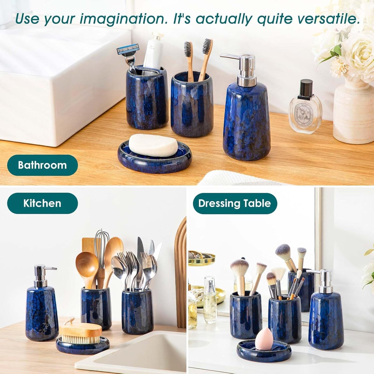 vancasso Blue Bathroom Accessories Set, Ceramic Soap Dispenser and Toothbrush Holder Sets, Stoneware 4 Pcs Bathroom Sink Set for Modern Home Decor, Series Starry