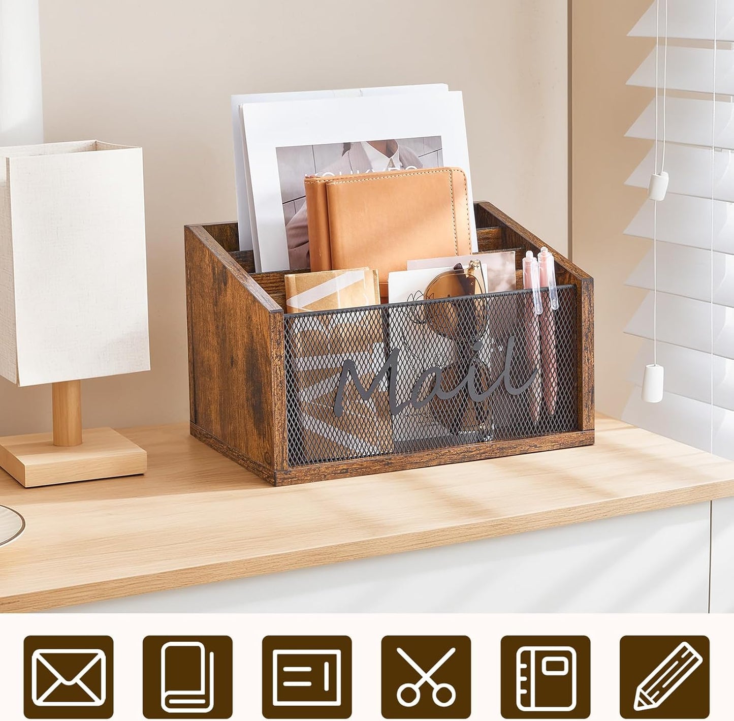 Mail Organizer Countertop, Mail Holder with 4 Slots, Mail Sorter for Desk, Wooden Office Desk Organizer, Mail Organizer for Magazines, Files, Papers, Folders, Rustic Brown and Black MR04BR