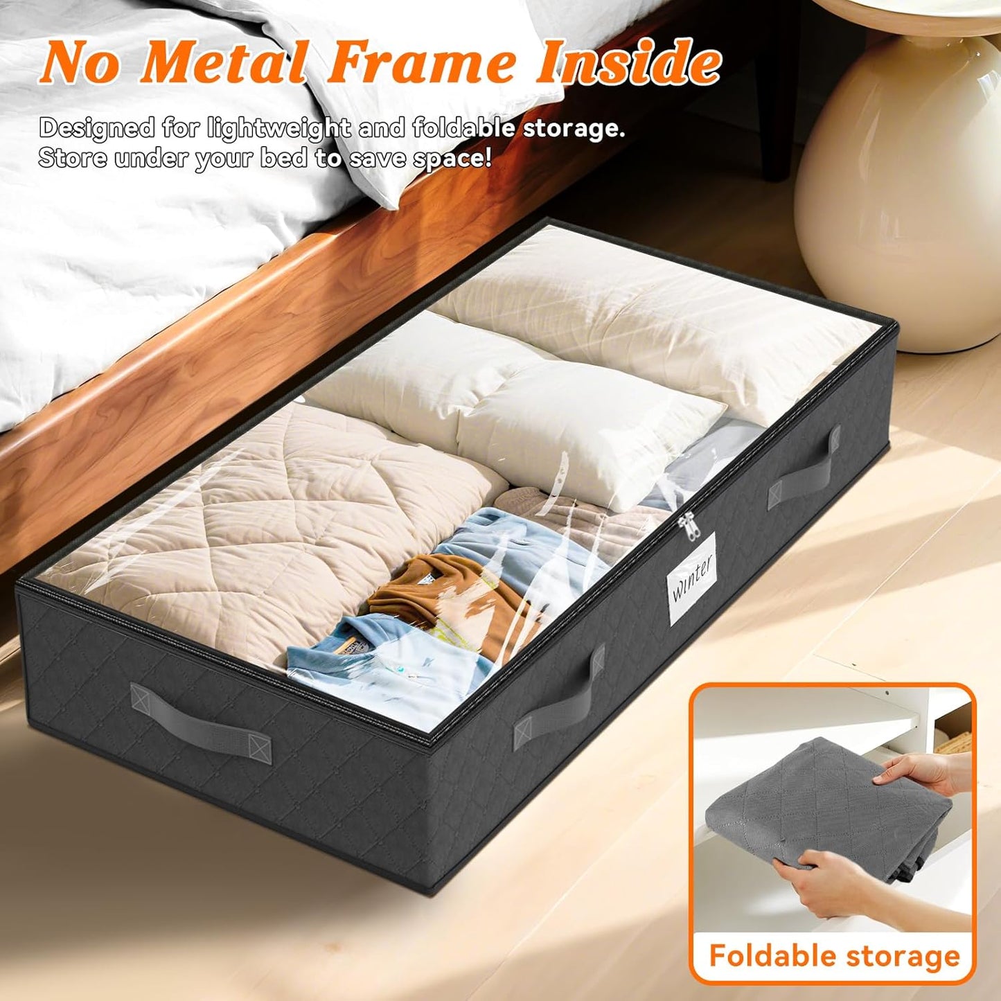 SpaceWhisper 90L Under Bed Storage Containers, 2-Pack Storage Bins with Clear Top, Foldable Closet Organizers and Storage with Label Holder for Clothing, Blankets, Comforter & Pillows (Grey)