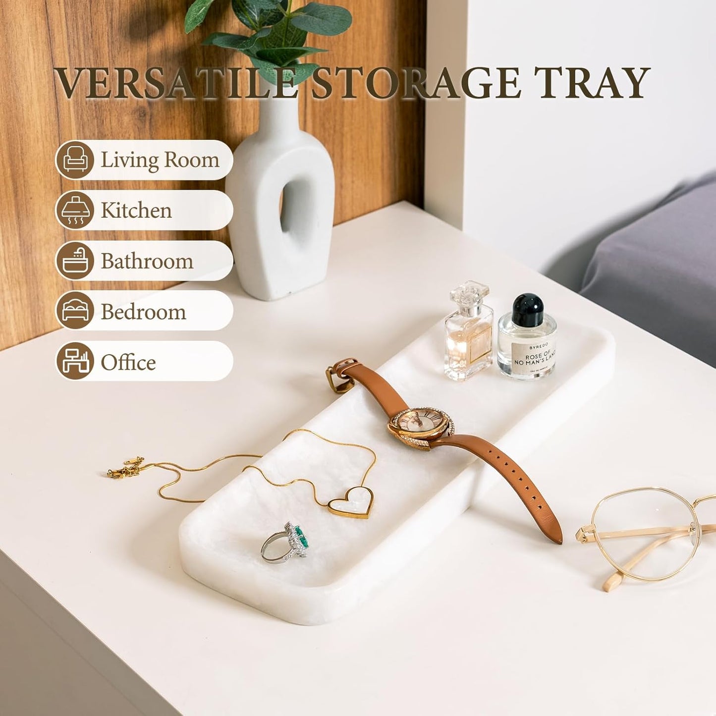 Koville Marble Tray for Bathroom Sink, 12"x4" Natural Stone Vanity Tray for Kitchen Dresser Countertop, Rectangular Decorative Marble Tray for Jewelry Perfume Trinket(White)