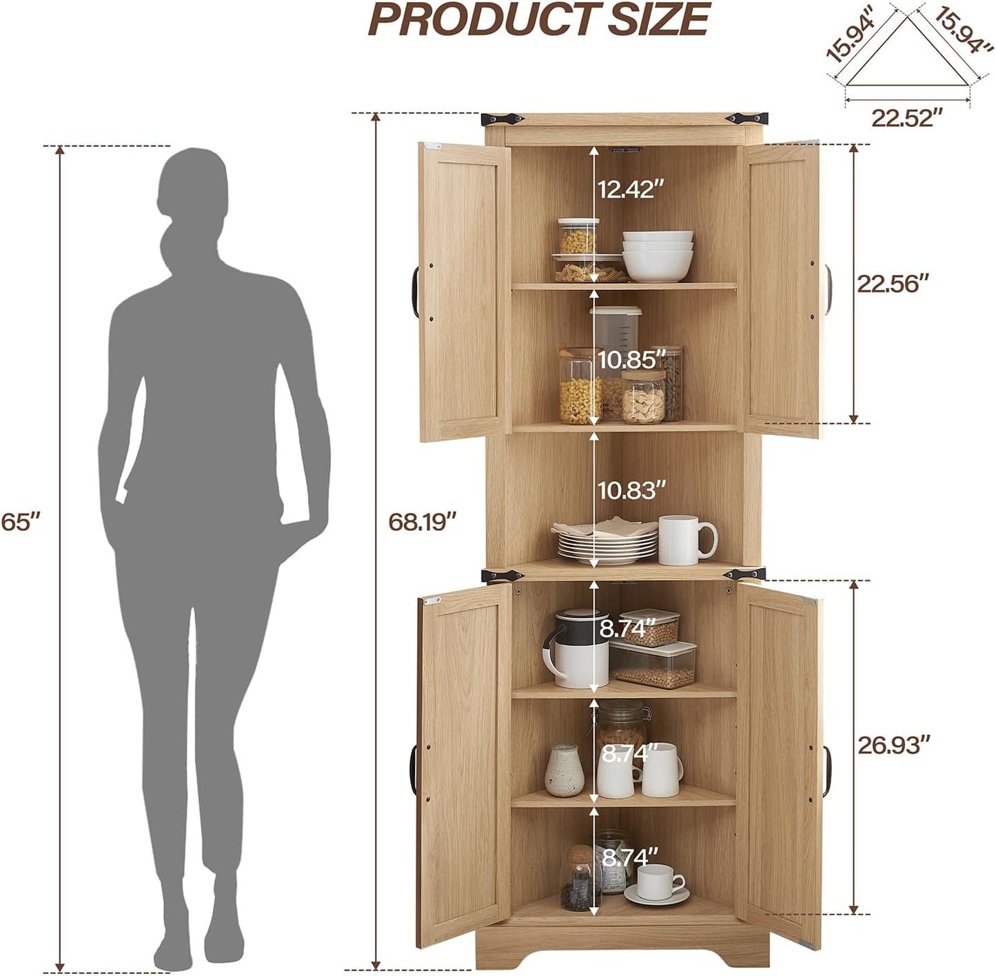 Tall Farmhouse Corner Cabinet with 4 Doors and Adjustable Shelves, Farmhouse Storage Cabinet with Barn Door Design, Home Space Saver for Living Room, Kitchen, Laundry Room (Natural Oak)