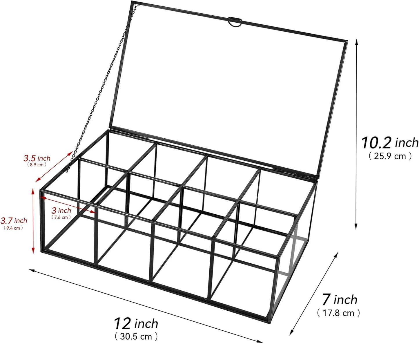 Glass Tea Bag Organizer with 8 Compartments, Handmade Large Tea Bag Storage Box for Counter Kitchen, Tea Bag Holder,Tea Storage Containers with Lid,Tea Accessories Gifts for Tea Drinkers,Black