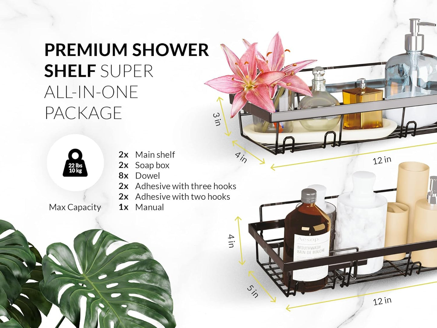 Shower Shelf - Premium Shower Caddy for Shower Organization - Adhesive Shower Rack - Stainless Steel Restroom Organizer - Pack of Two