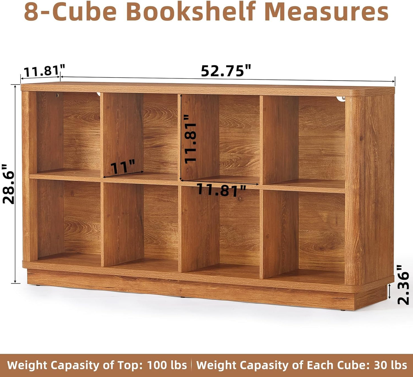 8 Cube Storage Book Shelf, 52" Long Horizontal Bookshelf with Curved Edge, Floor Standing Wooden Cubby Bookcase with Base, Modern Low Console Book Case, TV Stand for Living Room, Brown