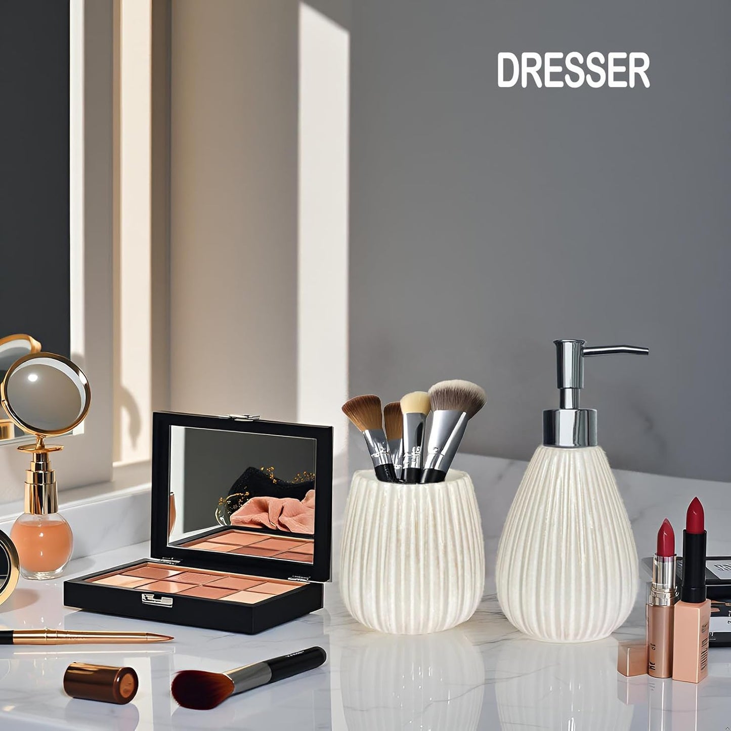 Ceramic Bathroom Accessory Set, White Bathroom Set, Caahanjia Bathroom Accessories Set 4 Pieces, Toilet Brush, Lotion Dispenser, Soap Dish, Toothbrush Cup, Modern Bathroom Décor (13 Ounce)