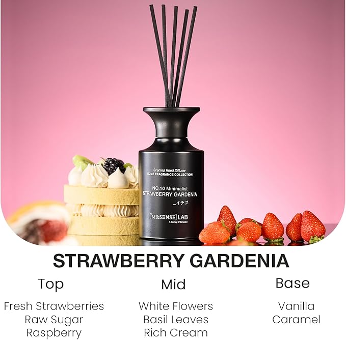 M&SENSE Minimalist Large Reed Diffuser 300ml, Strawberry Gardenia Scented with Natural Essential Oils, Long Lasting with 7 Sticks, Non-Toxic Home Fragrance for Bedroom, Bathroom Decor