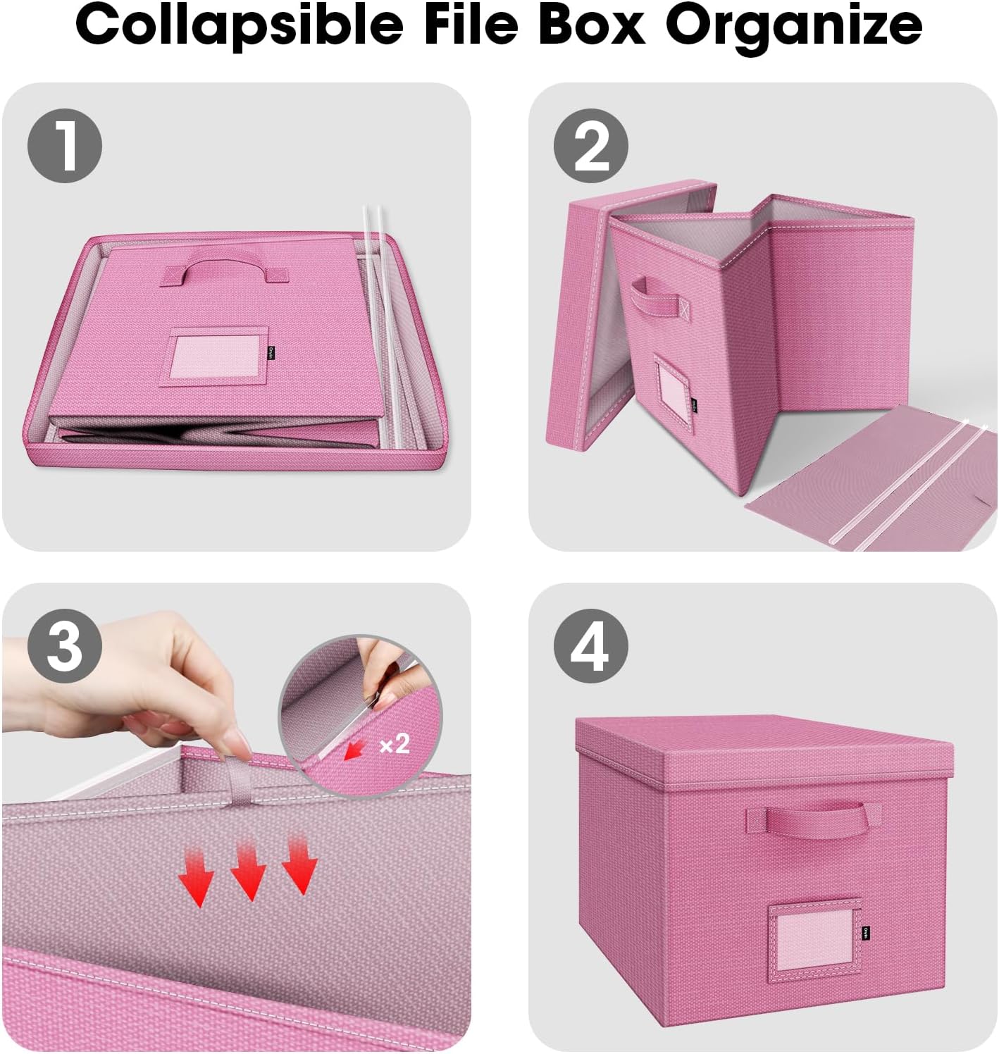 File Organizer Box with Lid, Linen Hanging File Storage Box with Handle, Collapsible Document Filling Box for Letter/Legal Folder, Portable File Box for Office/Decor/Home (1 Pack, Pink)