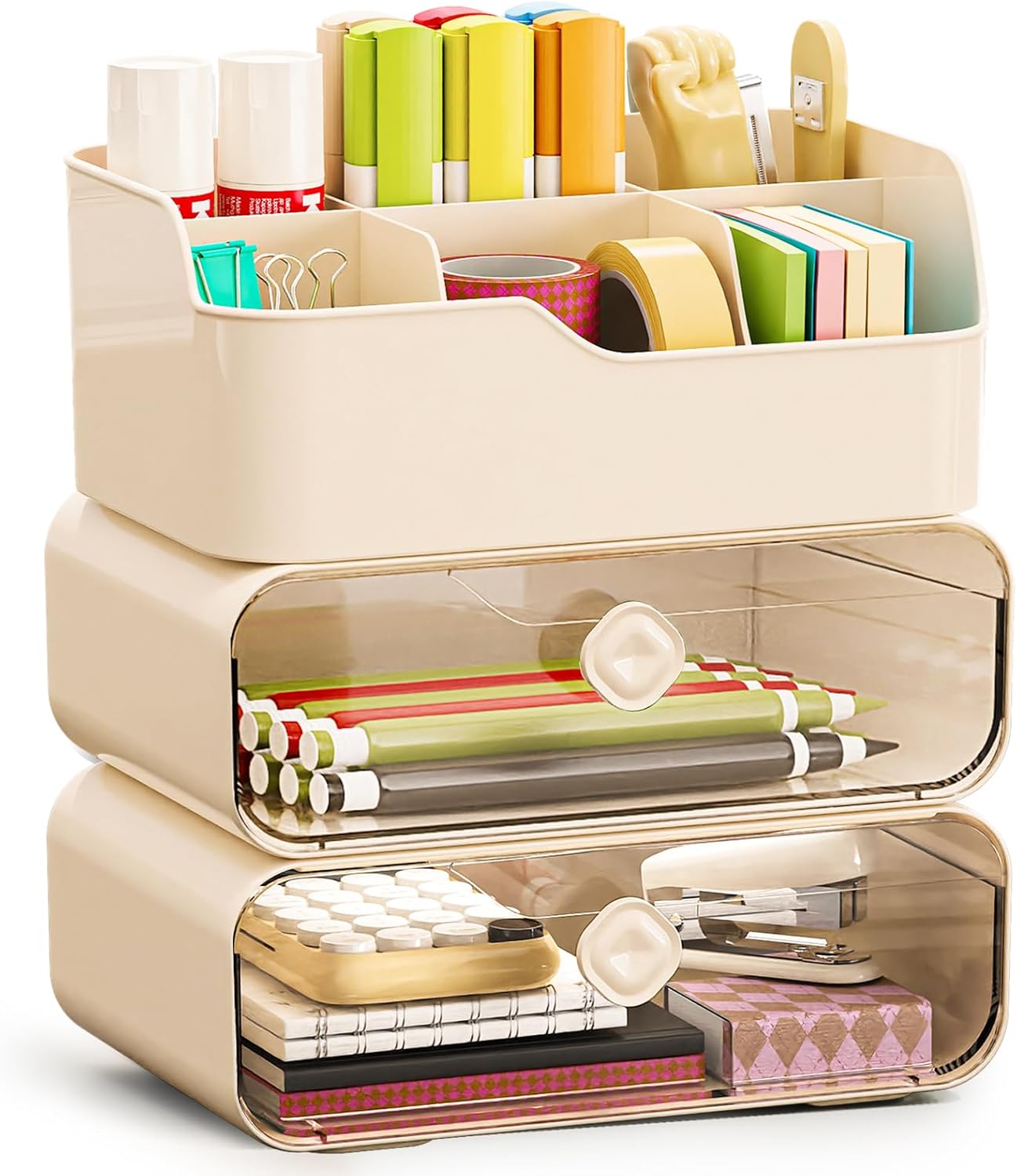 TEAMIX 3 Tier Desk Organizer with 2 Clear Drawers & 6 Slots, Stackable Desktop Drawer Organizer, Plastic Pencil Pen Holder Stationary Storage Makeup Organizer for Office/School/Art Supplies (White)