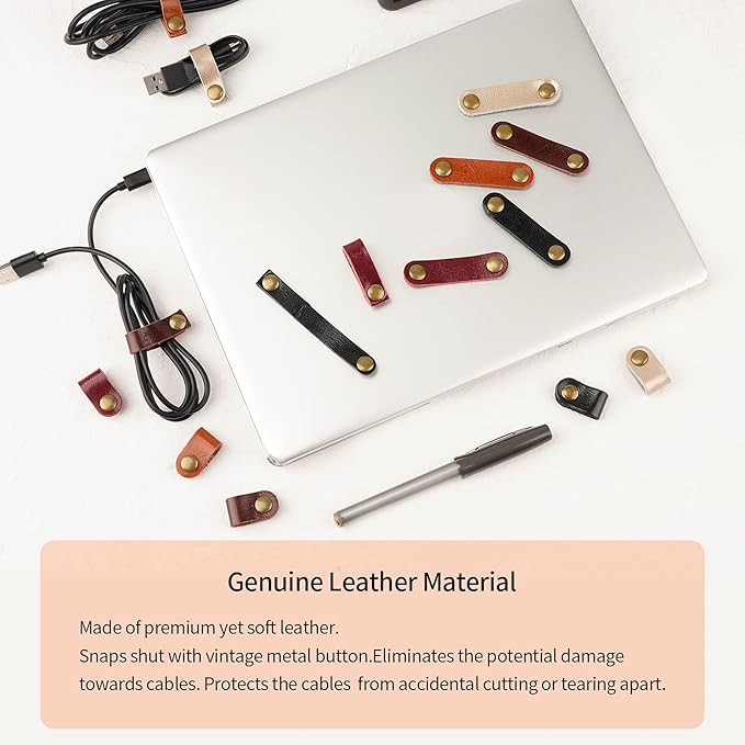 20 Pack Leather Cable Straps Cord Organizers Leather Cable Ties Cord Snap On Cable Holders Keepers For Travel, USB Charging Cable Management Winder Earphone Wrap, Gifts for Women Men