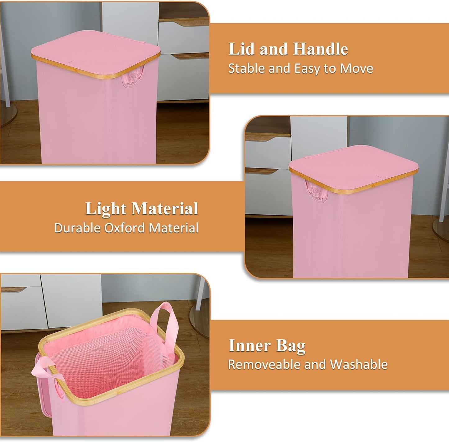 Laundry Basket with Wheels, 110L Clothes Hamper for Laundry, Laundry Hamper with Lid and Inner Bag, for Laundry Room, Bedroom, Dormitory Storage,Pink