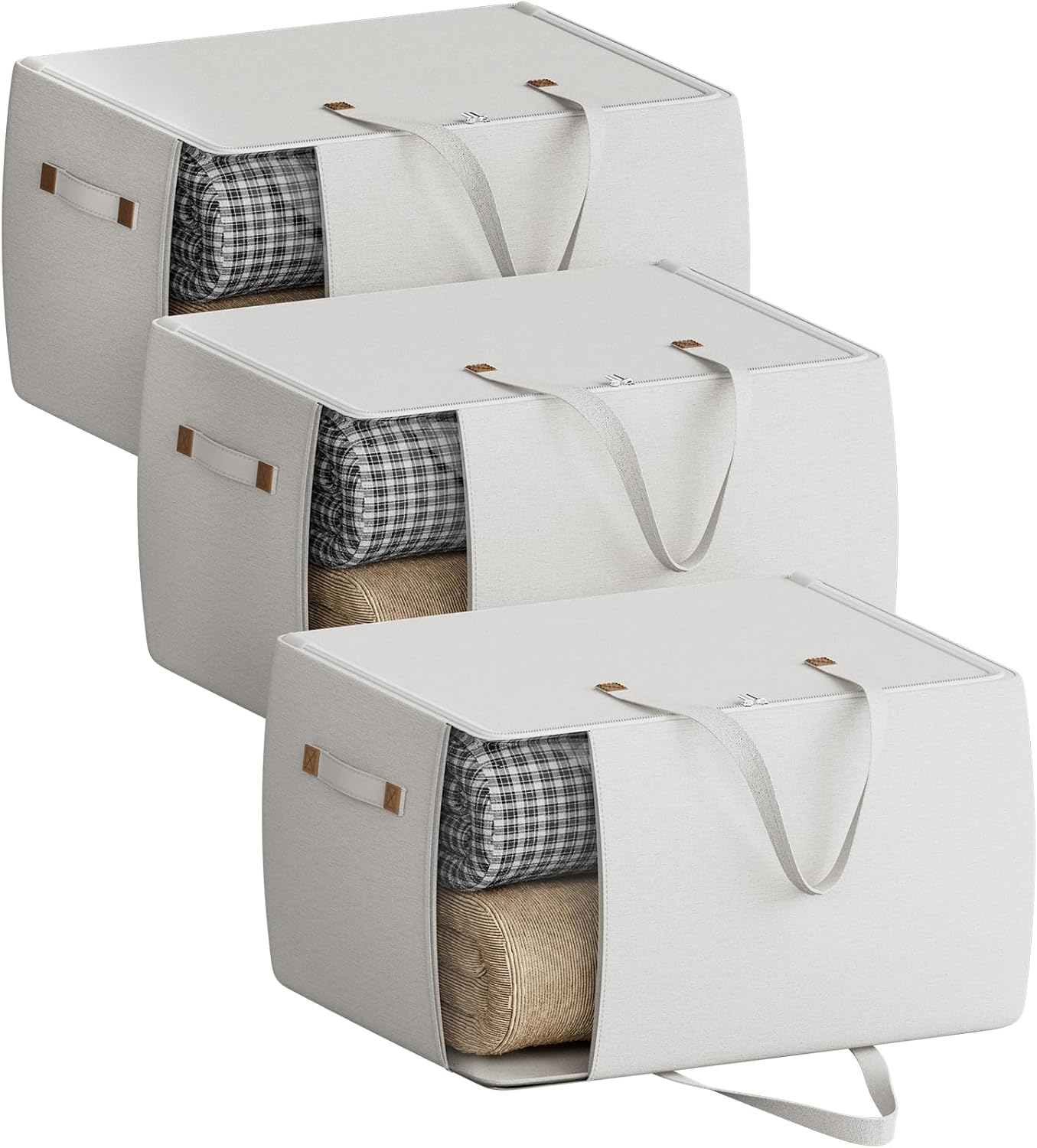 Heavy Duty Cotton Canvas Storage Bags For Comforter Blankets Clothes Extra Large Foldable Organizer with Clear Window & Reinforced Handles, Dustproof Design (White, 80L-3Pack)