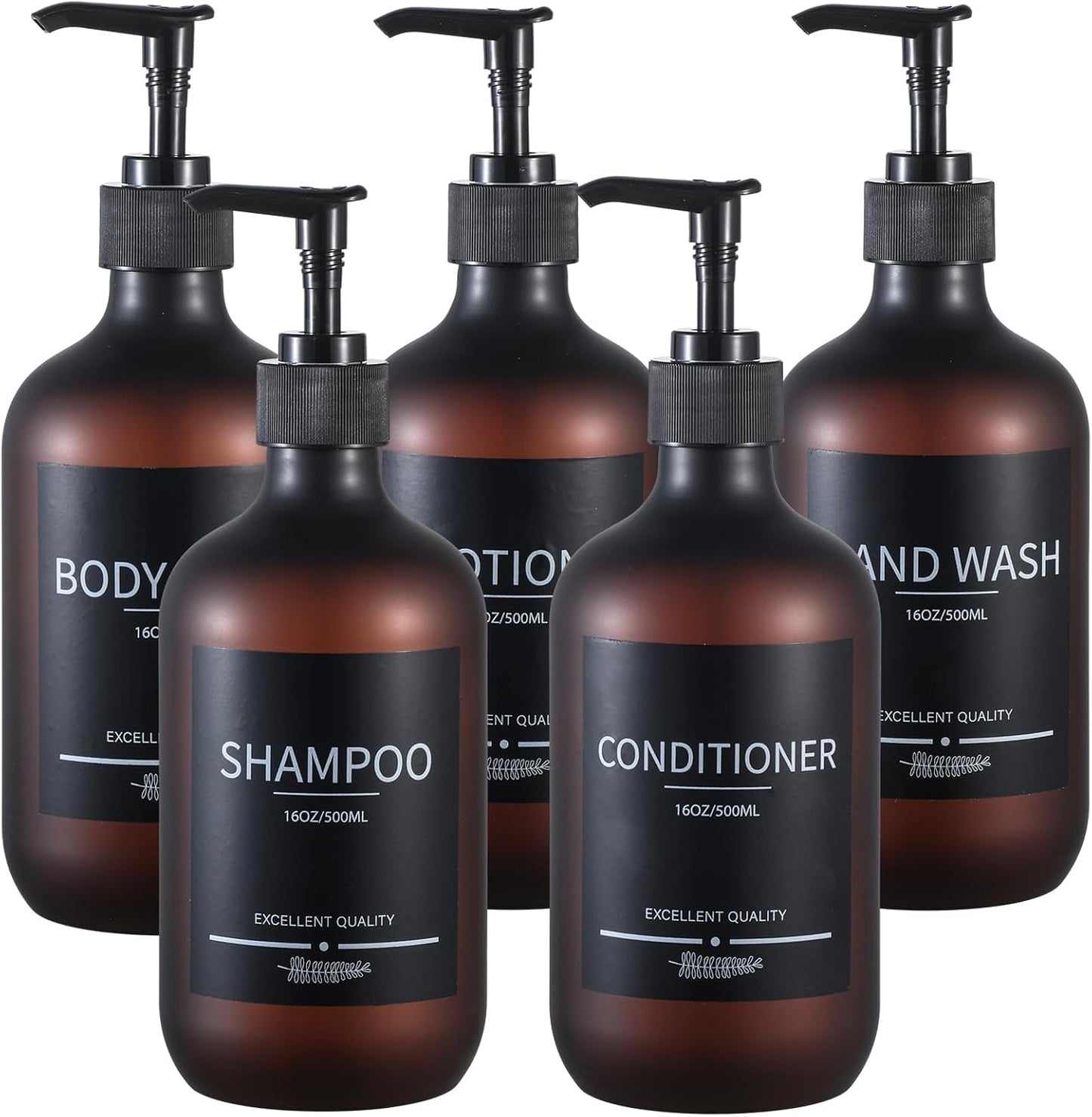 Shampoo Bottles Refillable with Pump (5Pack Matte Amber) Plastic 16.9oz Amber Reusable Shampoo and Conditioner Bottles,Bathroom Bottles with Pump and Labels