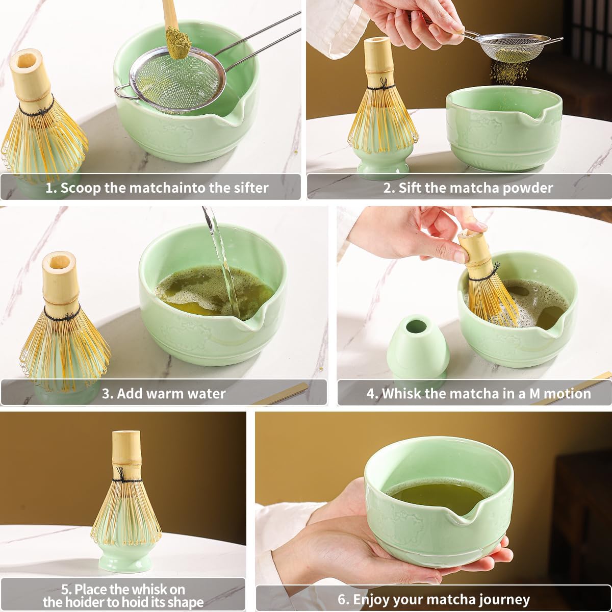 Matcha Tea Set, 5-Piece Ceramic Matcha Bowl & Whisk Kit with Cute Cat Pattern, Traditional Japanese Chawan, Scoop & Sifter, Perfect for Tea Ceremony, Gift for & Tea Lovers (green)