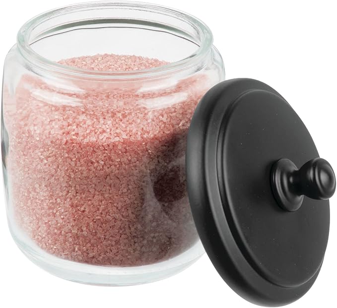 mDesign Small Apothecary Organizer Canister Jars - Glass Containers with Steel Lid for Bathroom, Organization Holder for Vanity, Counter, Hamill Collection - 2 Pack - Clear/Black