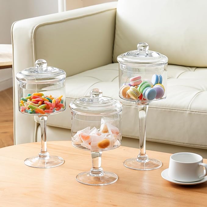 MyGift 3-Piece Clear Glass Apothecary Candy Jar Set with Lids – Decorative Party Display Containers for Wedding Centerpieces, Dessert Tables, Kitchen Counter Storage, and Bathroom Décor