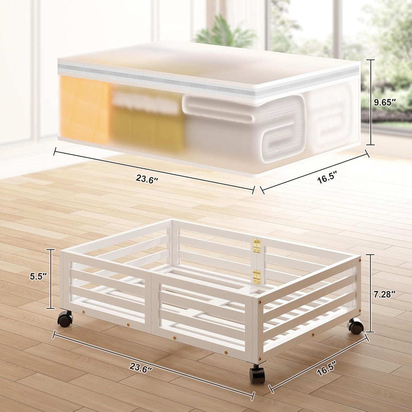 Under Bed Storage with Wheels-Large Bamboo Underbed storage Containers with Large Dust Bag Stackable Under the Bed Shoe Storage Bins for Clothes Books Bedding (2 Packs White, 23.62"L×16.54"W× 6.51"H)