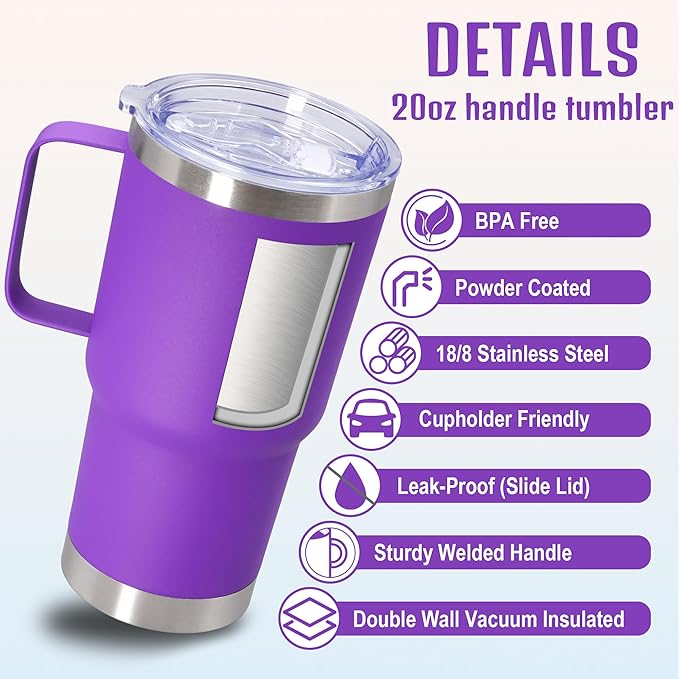 20 oz Tumbler with Handle and Lid, Stainless Steel Tumbler Insulated Travel Coffee Mug, Spill Proof Double Wall Vacuum Tumbler Cup Keep Drink Hot & Cold, Purple, 6 Pack
