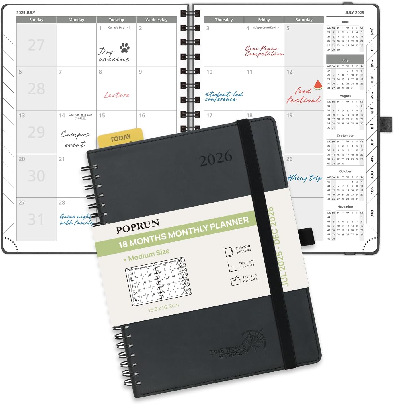POPRUN Monthly Planner 2025-2026 Spiral Bound (6.5" x 8.5") 18 Months Calendar (Jul 2025 - Dec 2026) - 4 Pages per Month with Monthly Expense & Notes, Sunday Start, Leather Cover - Black
