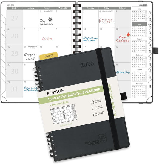 POPRUN Monthly Planner 2025-2026 Spiral Bound (6.5" x 8.5") 18 Months Calendar (Jul 2025 - Dec 2026) - 4 Pages per Month with Monthly Expense & Notes, Sunday Start, Leather Cover - Black