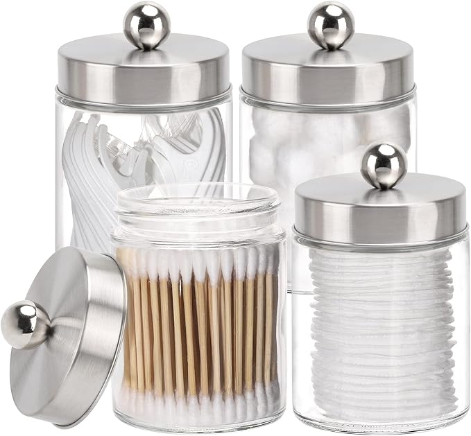Tbestmax Glass Qtip Holder Dispenser, 10-Ounce Bathroom Containers Apothecary Jars with Metal Lids for Cotton Ball Swab Pad (4 Pack)