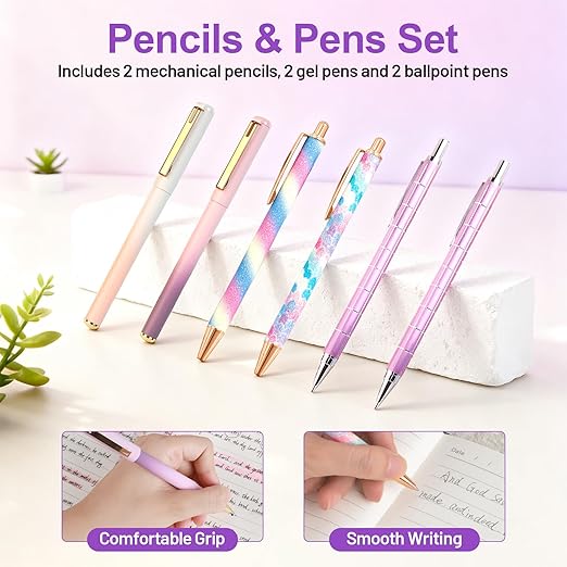 24 PCS Aesthetic School Supplies with Password Lock Notebook, Pen Case, Mechanical Pencils, Black Ink Gel Pens, Highlighters, Ballpoint Pens, Sticky Notes, Washi Tapes, Cute Stationery Essentials Set