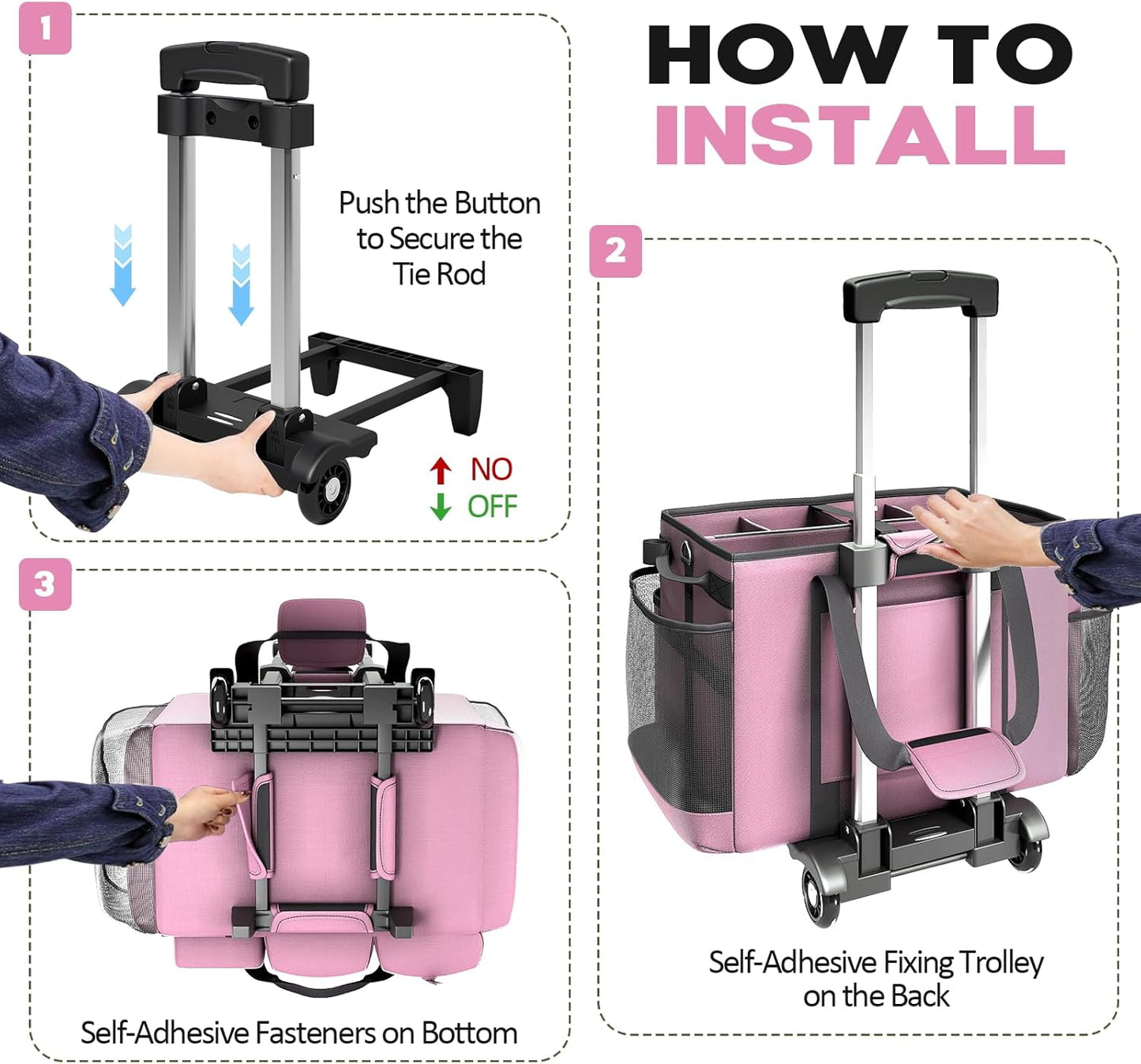 Rolling Cleaning Caddy Bag with Detachable Trolley, Cleaning Supplies Organizer Cart on Wheels, Cleaning Supply Caddy for Housekeepers, Large Professional Detailing Bag Tote for Home, Car (Pink)