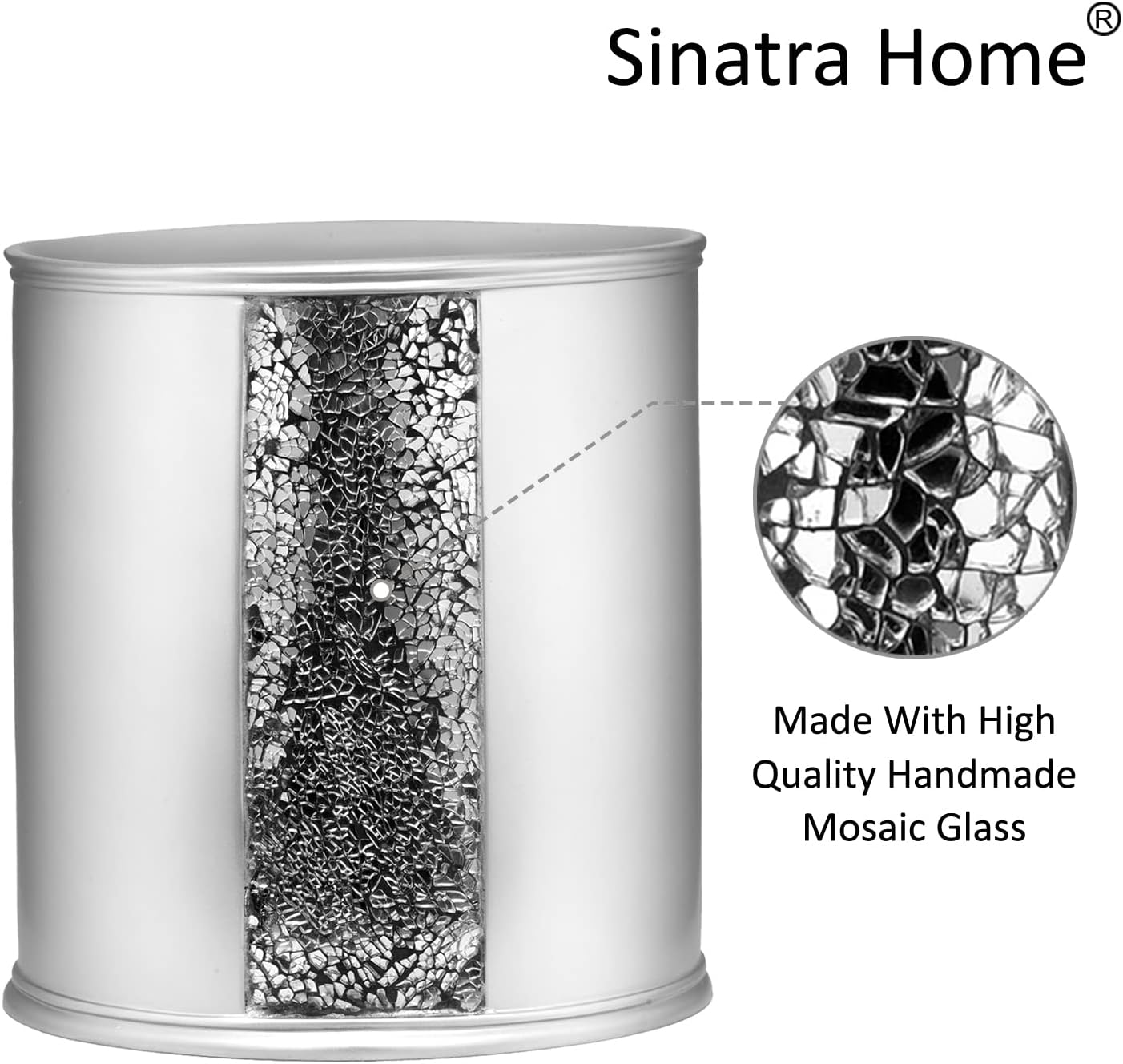 Zahari Home 2pc Sinatra Silver Modern Bath Accessories Set Waste Basket & Tissue Box Modern Classic Contemporary Decorative Beautiful Designs Bathroom Decor Set for Home Mosaic Glass