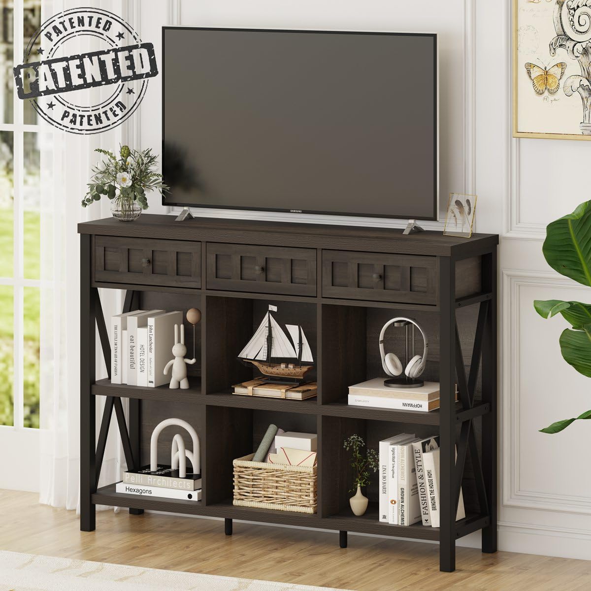 FATORRI Rustic 6 Cube Storage Organizer Bookshelf with 3 Drawers, Short Low Horizontal Bookshelf for Living Room, Industrial Wood and Metal Cubby Bookcase for Home Office (Walnut Brown, 47 Inch)