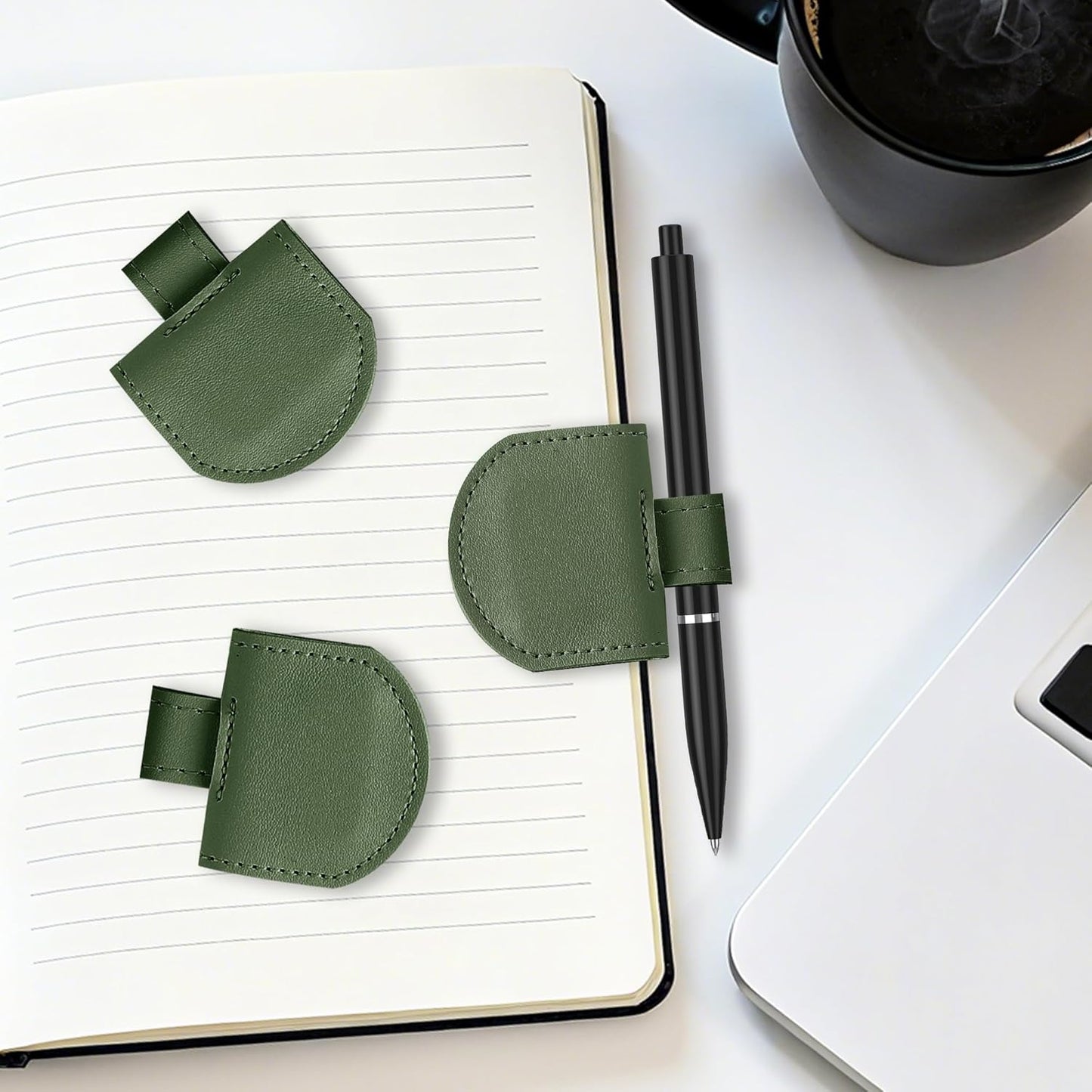 Magnetic Pen Loop Holder, Pencil Holder for Notebooks, Journals, Calendars, PU Leather 3 Pack, Green