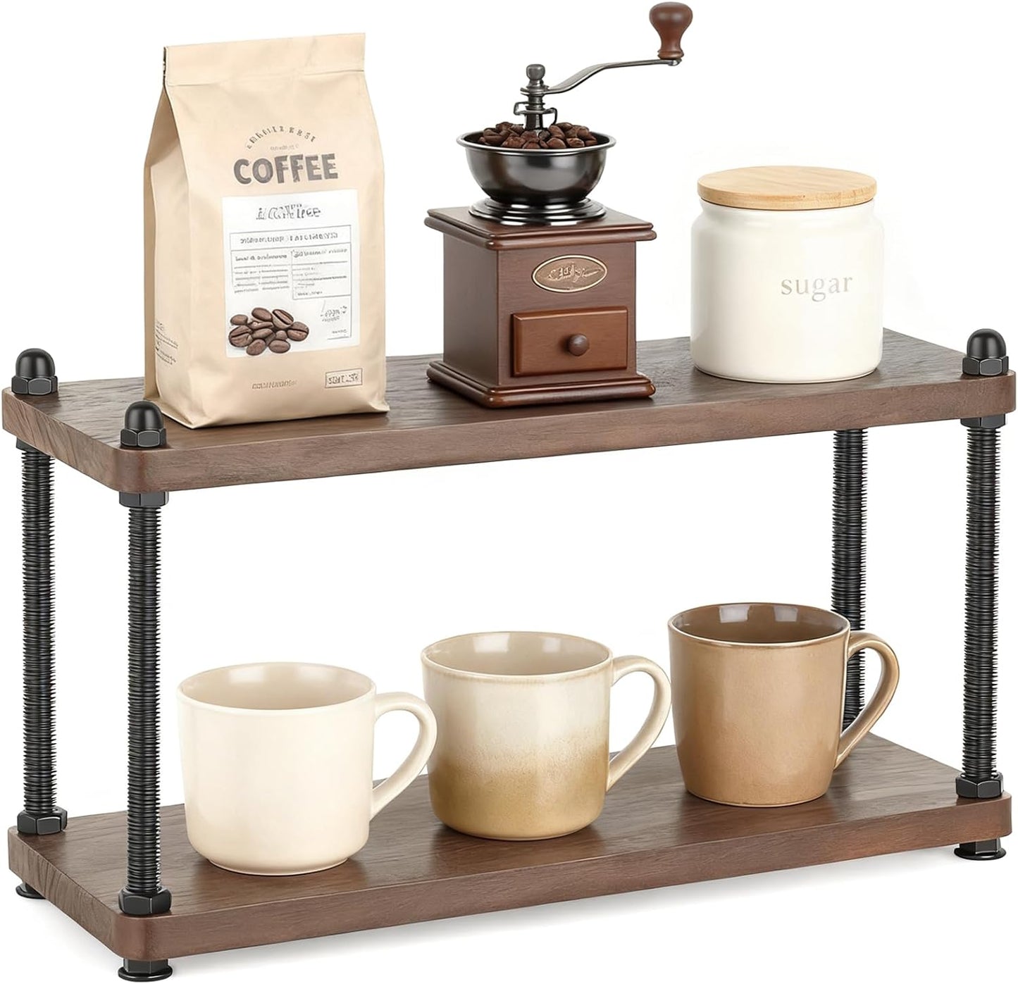 Mkono Coffee Station Organizer Wooden Mug Holder for Countertop Cup and Mug Shelf for Coffee Bar Accessories Rustic Matcha Stand 2 Tier Storage and Display Rack for Tea Cups Kitchen Office