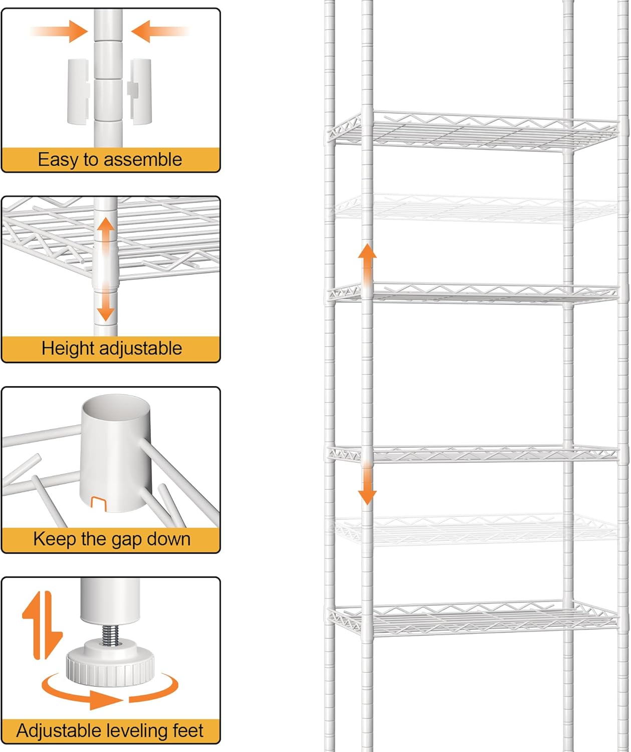 HOMEFORT 6-Shelving Unit, Adjustable Wire Shelving, Metal Wire Shelf Rack Organizer for Kitchen, Pantry, Closet, Bathroom, Laundry, White, 21" W x 11" D x 69" H