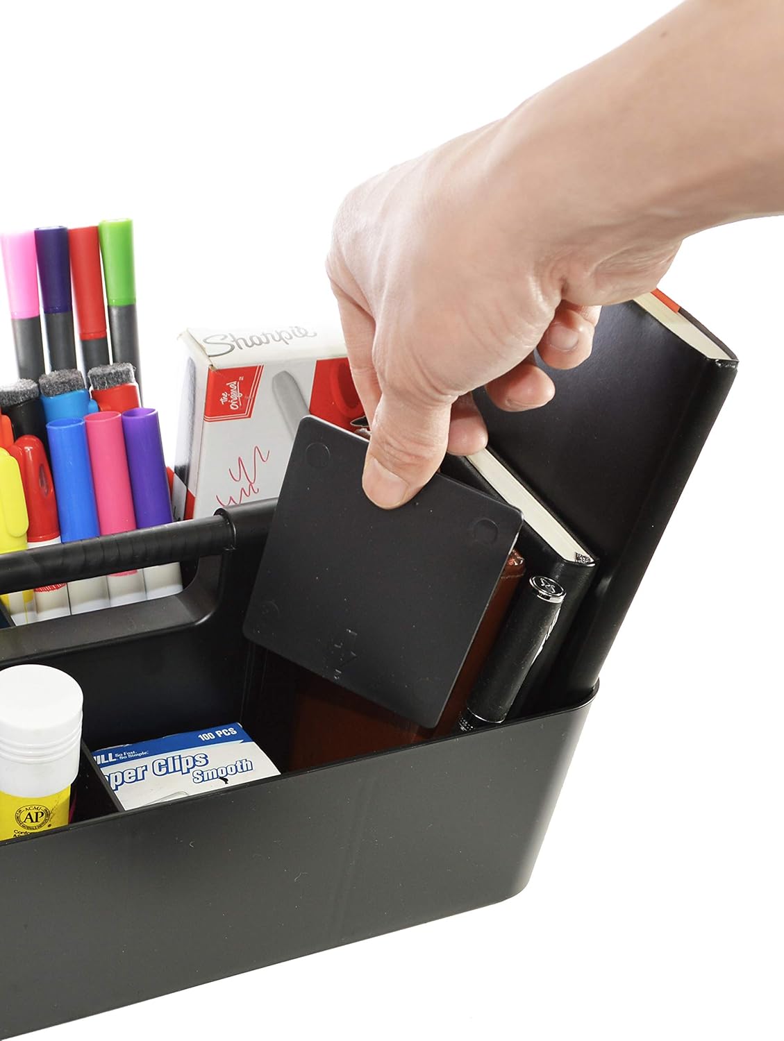 New Plastic Portable Makeup Organizer Caddy Tote Divided Basket Bin with Handle, for Bathroom Storage - Holds Blush Makeup Brushes, Eyeshadow Palette, Lipstick - Extra Large Made In USA (Black)