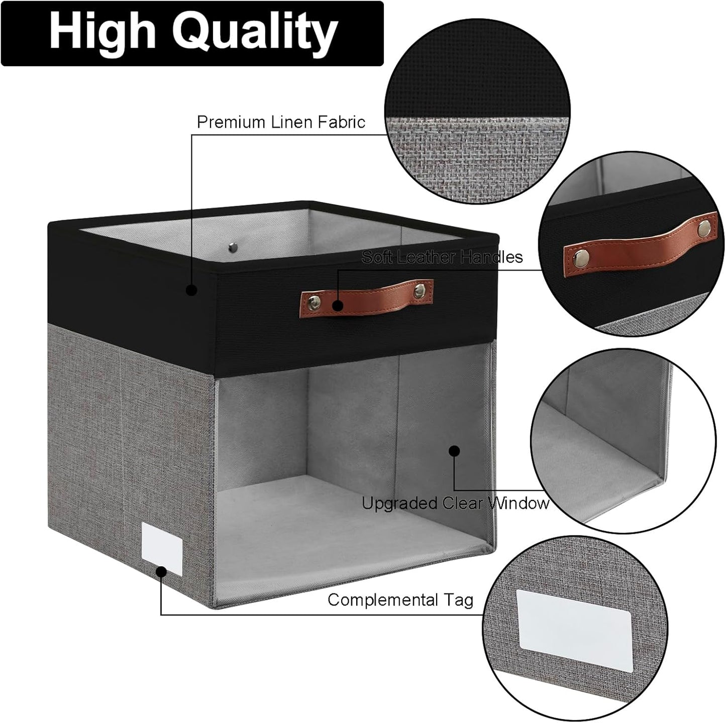 Storage Cubes, 4 Pack Linen Foldable Storage Bins (13 x 13 inch) with Clear Window and Handles, Fabric Organizer for Shelf Closet, Clothes, Books - (Gray and Black)