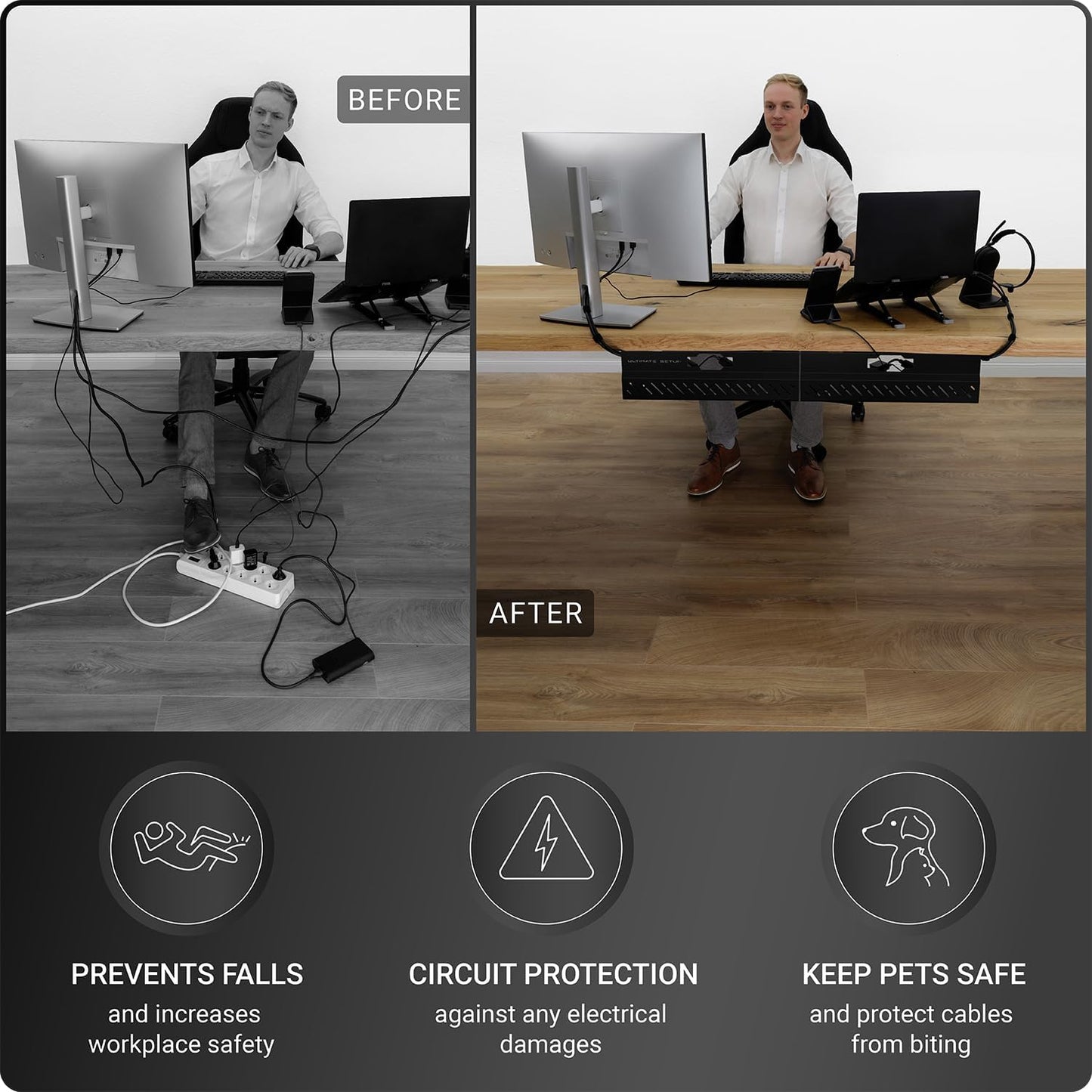 Under Desk Cable Management Tray no Drill – Wire Management - Cord Organizer – Huge Load Capacity – Under Desk Cable Tray no Drill (Black, 2 Pieces Set)