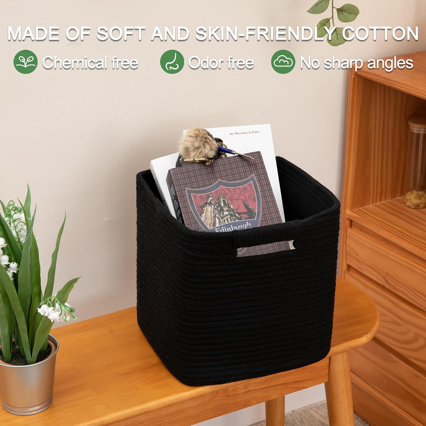 OIAHOMY Storage Cubes 11 Inch Storage Bins-3-Pack, Cotton Rope Woven Baskets for Organizing, Square Storage Baskets for Shelves Organizer, Classroom, Kids Toy Bins, Closet, Baby Nursery-Black