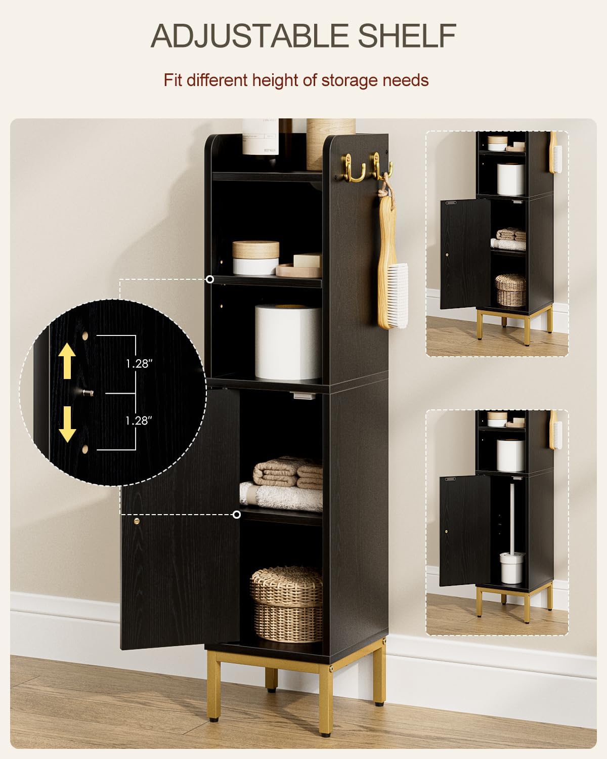 Bathroom Storage Cabinet, Small Corner Floor Hutch with 2Hooks,Narrow Toilet Paper Cabinet with Rattan Door,Bathroom Organizer with Adjustable Shelf, for Small Spaces(Classic-Rattan, Black)