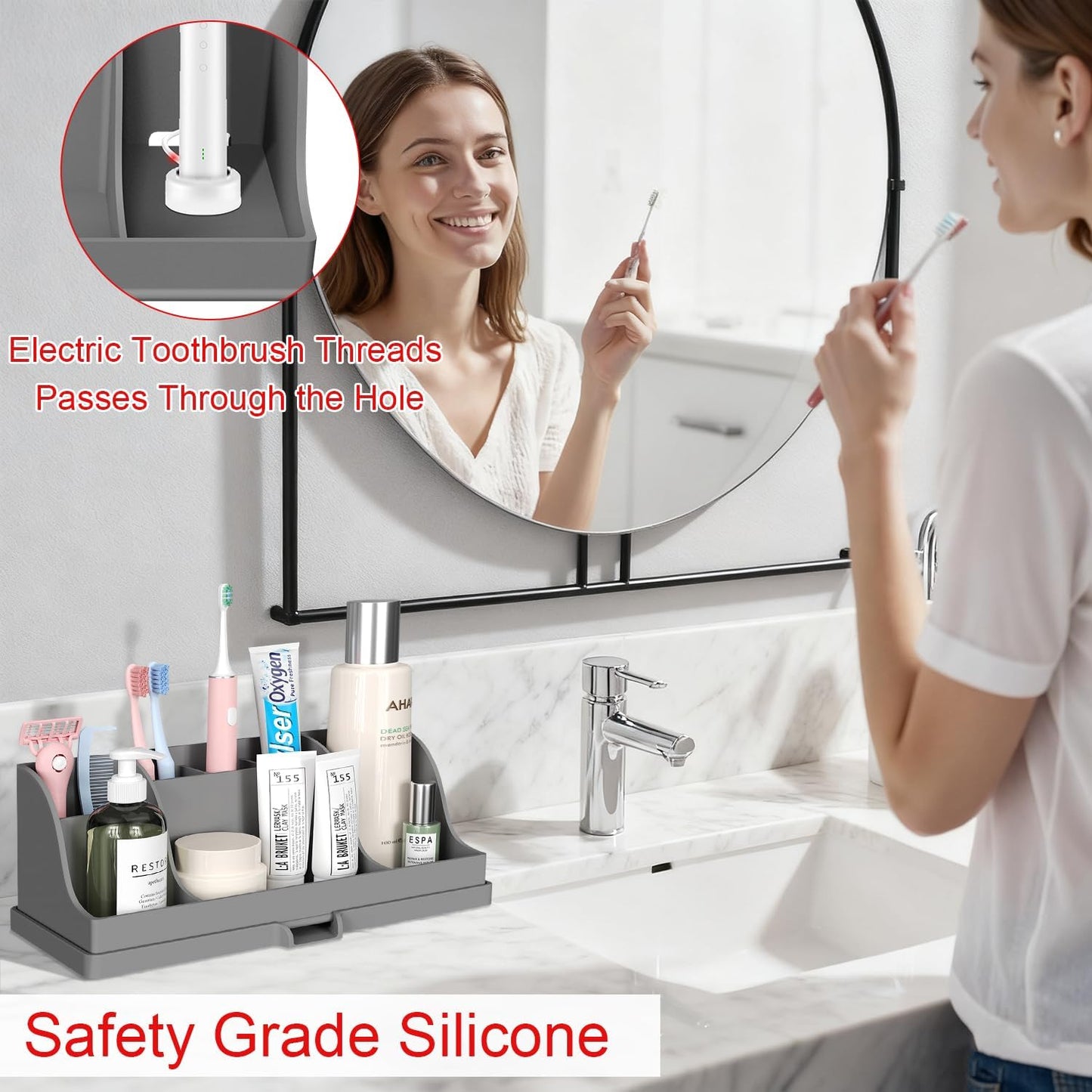 Large Silicone Bathroom Toothbrush Holder with Drainage, Electric Family Size Toothbrush Holder 7 Slots Countertop Toothpaste Holder Stand Organizer for Kids and Adult, Grey