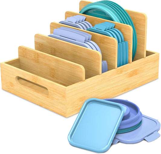Retro Shaw Bamboo Food Container Lid Organizer with Adjustable Dividers for Cabinet, Lid Organizer for Plastic Lids and Covers Kitchen Storage and Organization