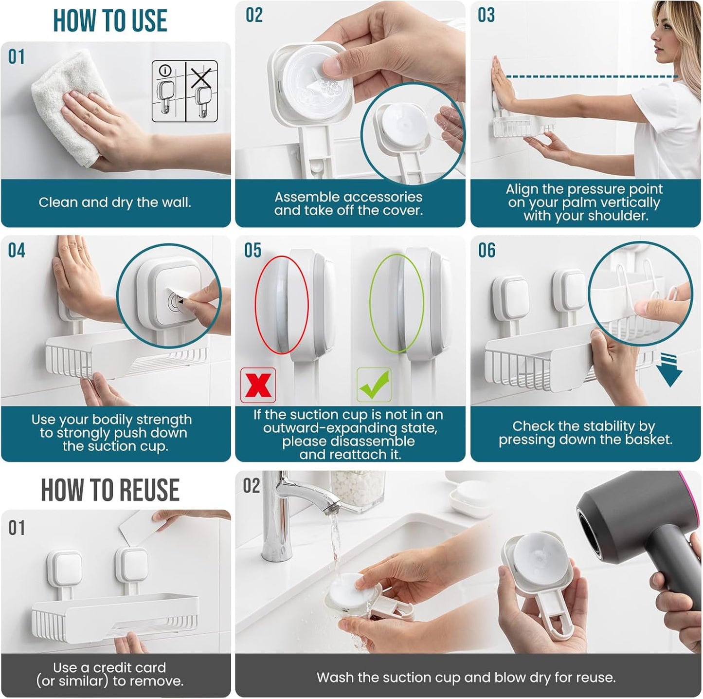 TAILI Shower Caddy Suction Cup 2 Pack,Stainless Steel Rustproof Shower Shelves,No Drilling Wall Mounted Basket,Large Capacity,Removable Suction Cup Bathroom Organizers & Home Decor, White