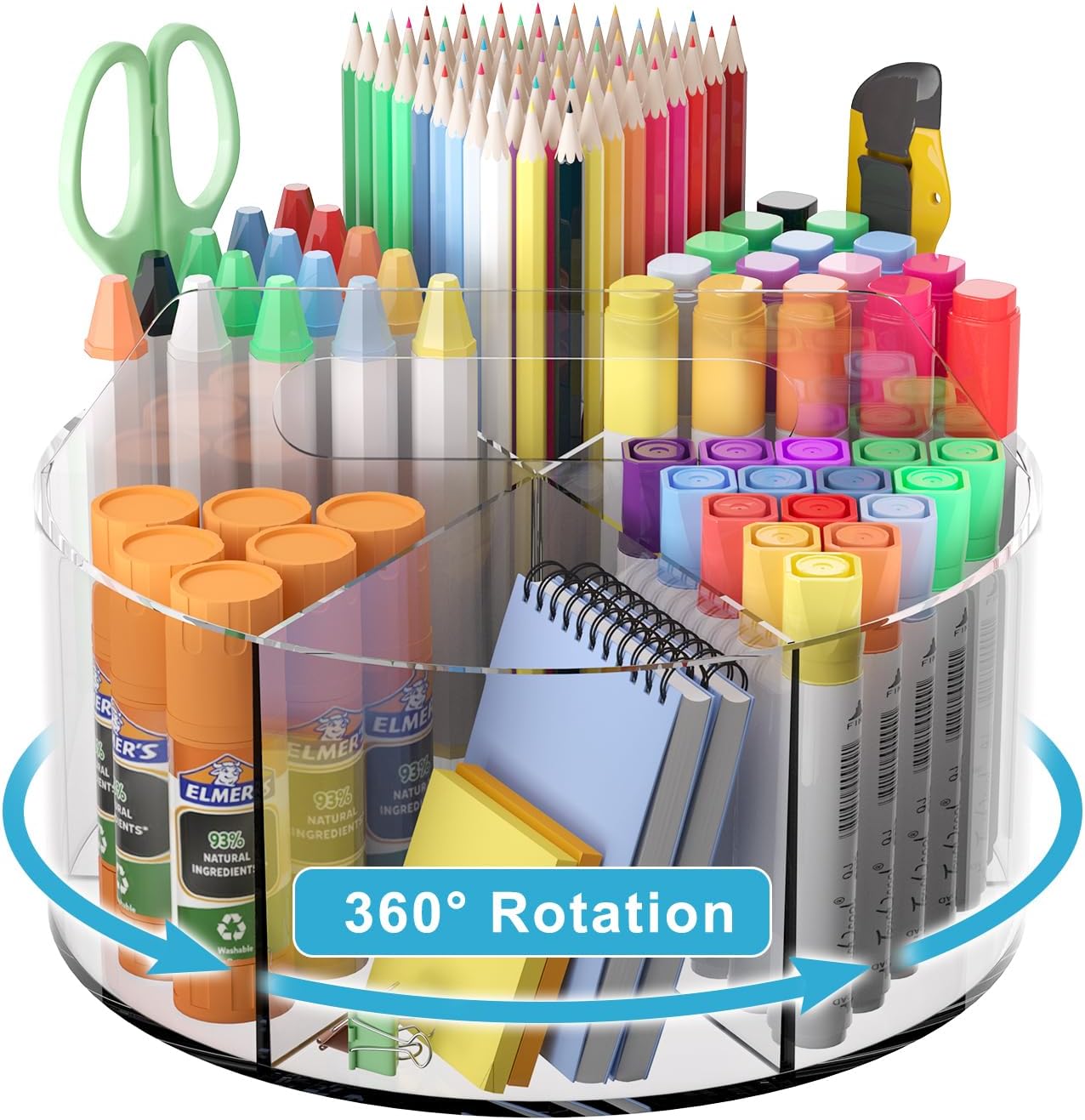 Acrylic Pen Holder for Desks, Acrylic Desk Organizer Clear, 360 Degree Pencil Holder for Desk Kids, Rotating Desk Organizer Rotating Pen Holder for Desk, Art Supply Storage Organizer 6 Compartments