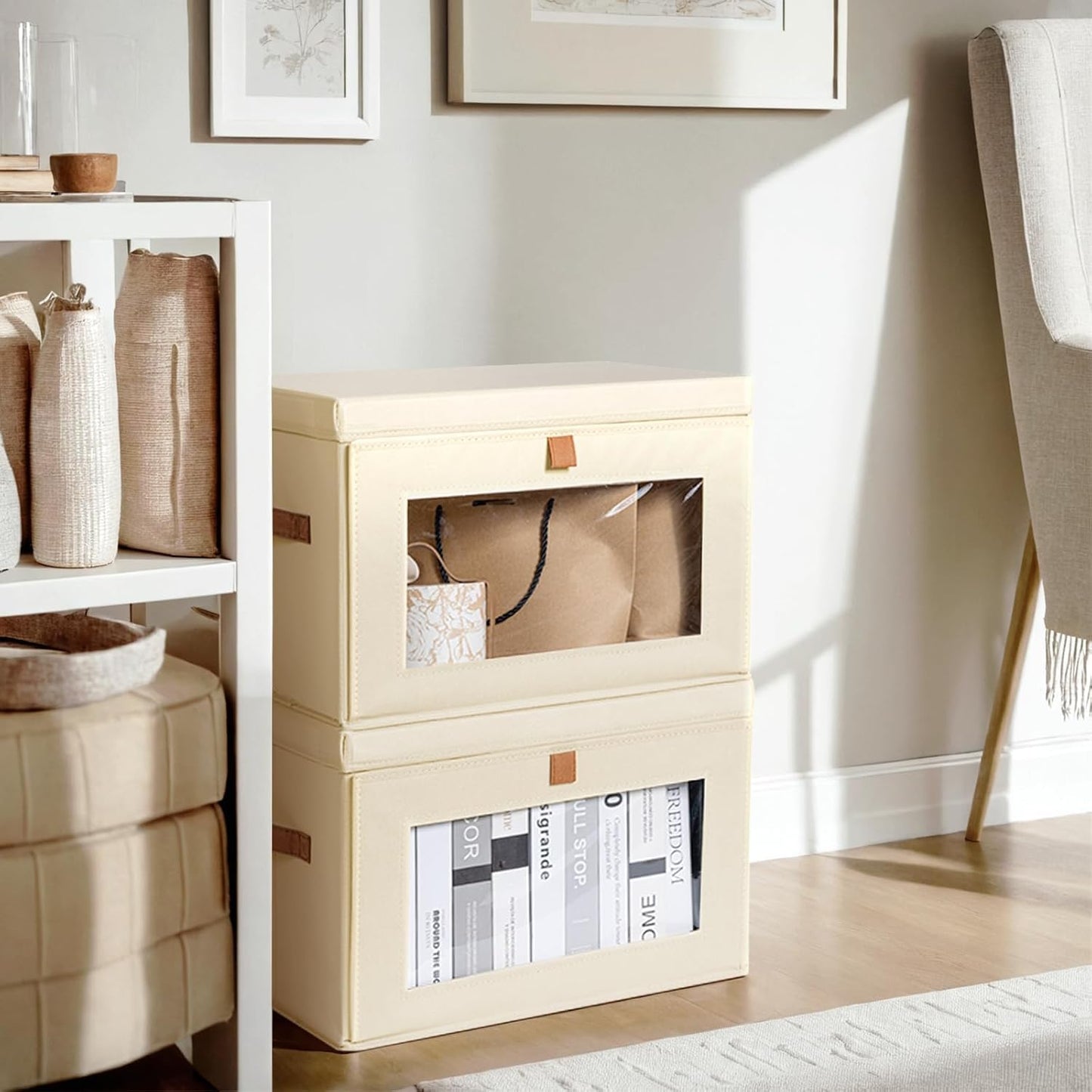 DIMJ Storage Bins with Lids - 5 Pack Large Fabric Closet Organizer with Window & Handles, Collapsible Decorative Storage Boxes for Shelves Under Bed, Books Clothes Blankets Sweaters Organization