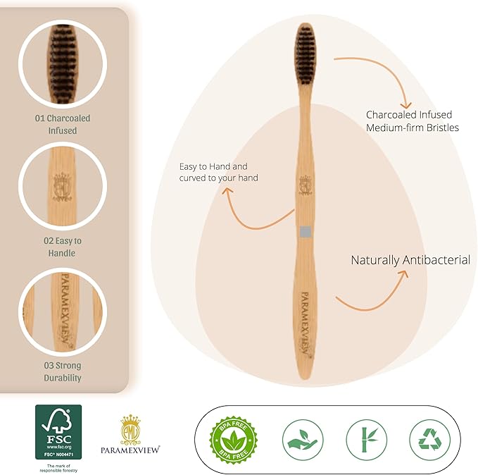 Paramexview® Natural Bamboo Toothbrushes Set of 4 | BPA-Free Medium Bristles, Eco-Friendly | Biodegradable Handle, Charcoal Infused and Organic Base