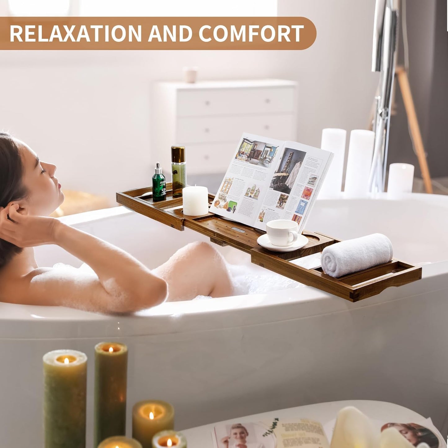 Luxury Teak Bathtub Tray - Foldable Bath Caddy with Expandable Handles, Wine Glass & Phone Holder, Book Stand - Enhance Home Spa Experience with Natural Material - Relaxing & Reading, Teak