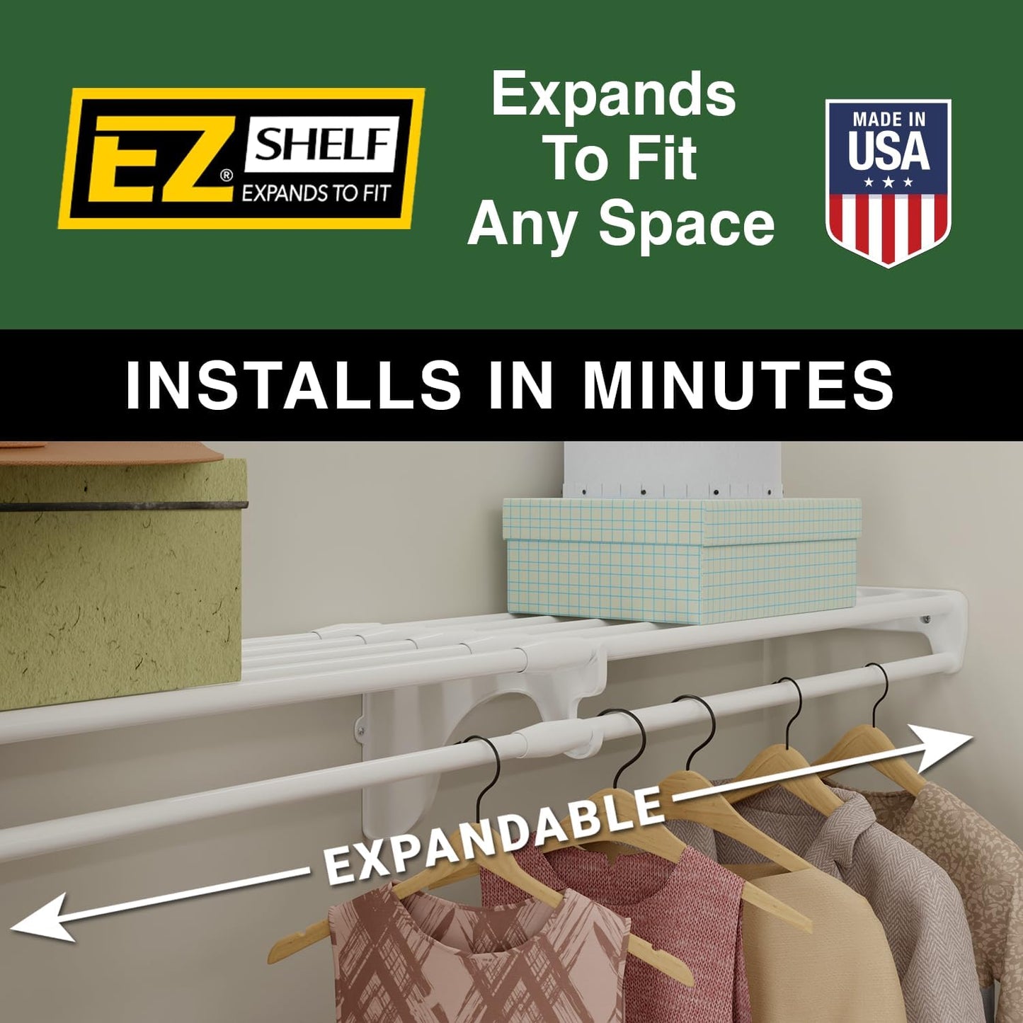 EZ SHELF - Closet Shelf with Hanging Rod - 29" to 49” Expandable, White, Closet Shelves - Strong, Holds 200 lbs - Easy Install - 1 Side Wall & Backwall with 1 End Bracket, Alternative to Wire Shelving