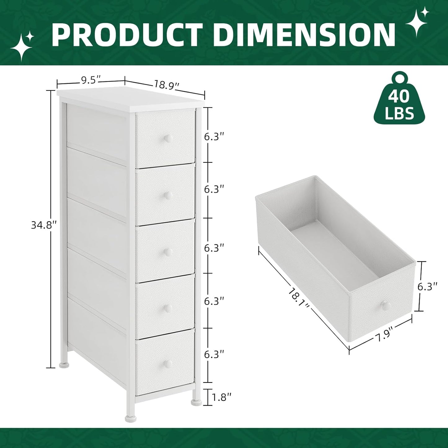 Narrow Dresser, 19" Wide Narrow Nightstand Dresser Storage Tower with 5 Drawers, Slim Fabric Dressers Chest of Drawers for Small Spaces, Wood Top & Fabric Bins for Bedroom Bathroom Closet (White)