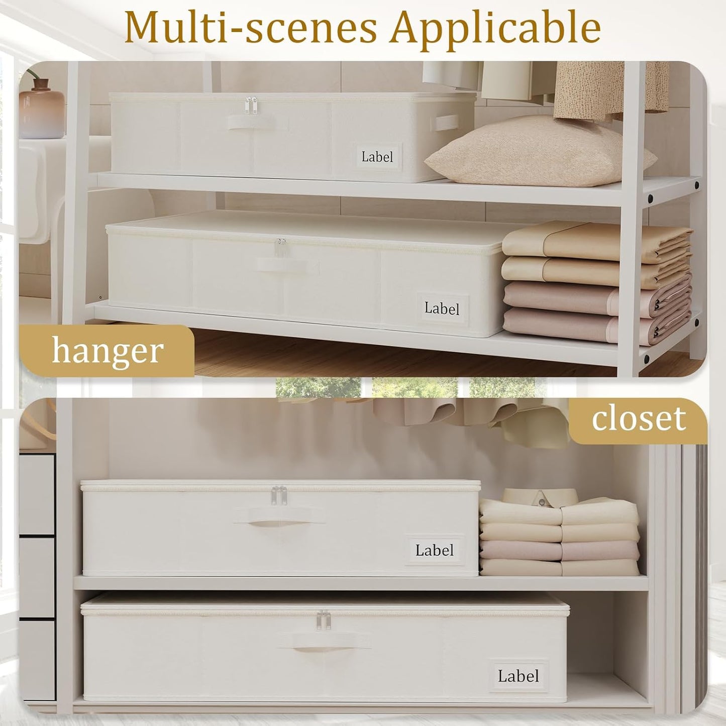 Yawinhe Underbed Bags, Storage Containers Bags with Lid, Foldable Blanket Bins, with Sturdy Zipper und Label Holders, for Clothing, 23.6''Lx11.8''Wx6''H, 4 Pack, Beige