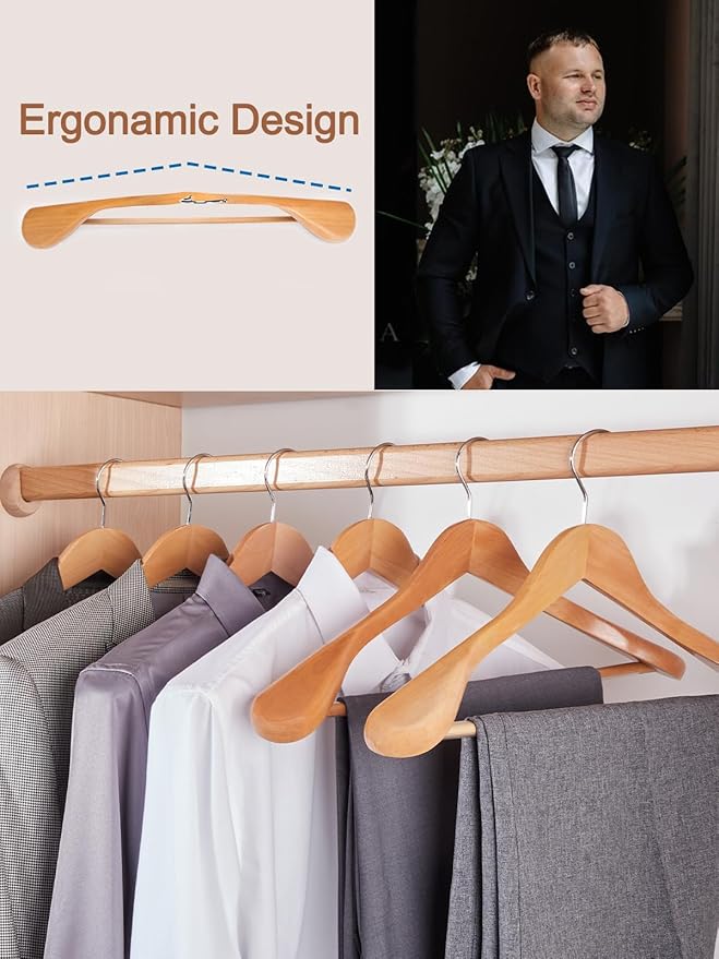 HOUSE DAY 19'' Extra Wide Shoulder Wooden Hangers 6 Pack, Premium Large Wood Suit Hangers With Non Slip Pant Holder, Wide Shoulder Hangers for Suits, Coats, Jackets, Heavy Wide Clothes Hanger, Natural