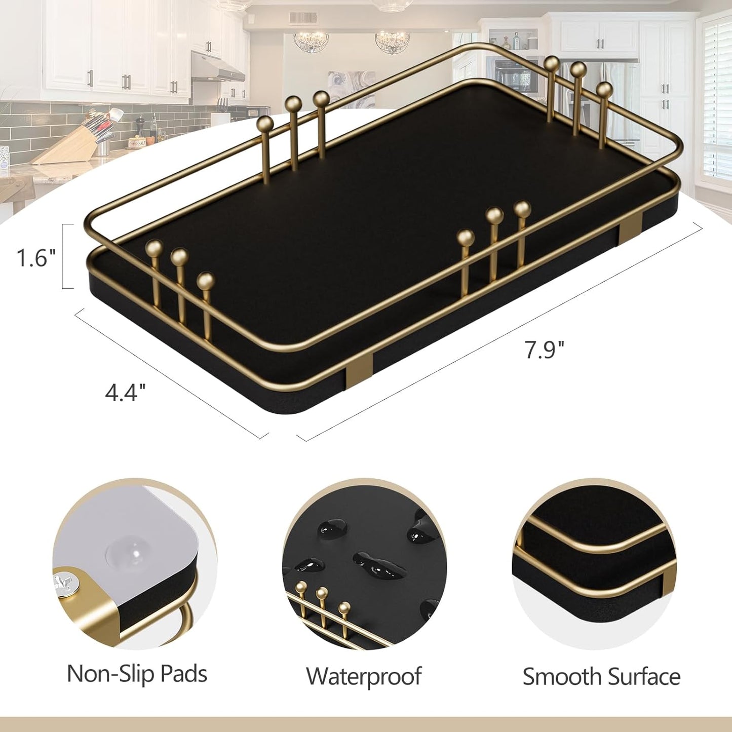 Bathroom Vanity Tray for Toiletries Makeup Perfume Candle Toilet Tank, Kitchen Tray for Soap Dispenser Spice Salt, Small Tray for Countertop Decor Coffee Nightstand 7.9”x4.4” Black-Gold